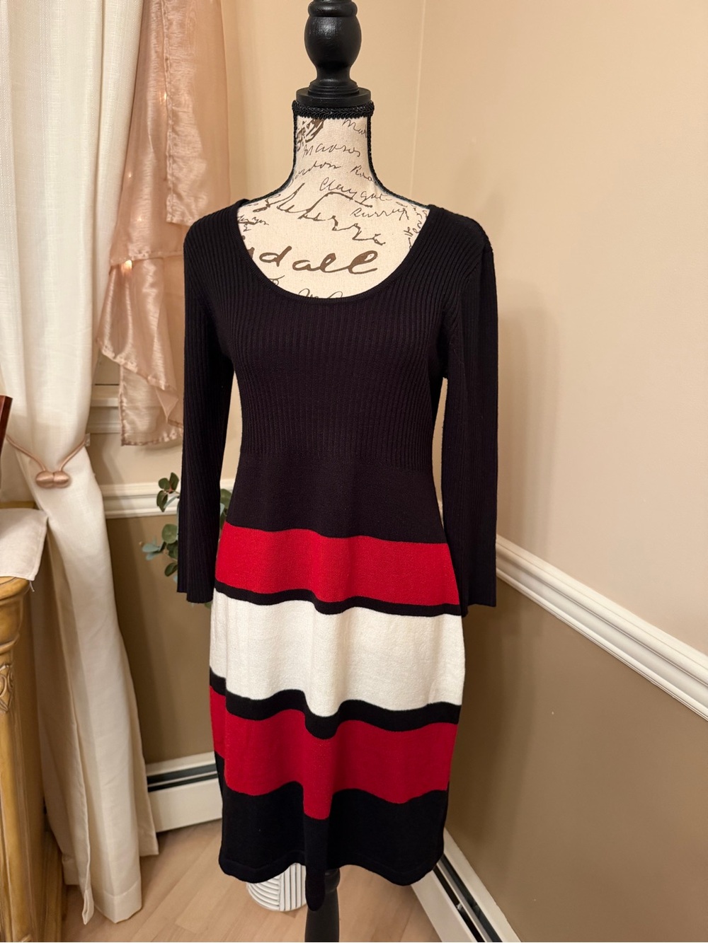 Studio One Ribbed Knit Colorblock Sweater Dress Black Red White Medium